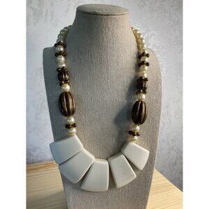 Vintage Beaded Chunky Necklace With Faux Pearl & Brown Accents
